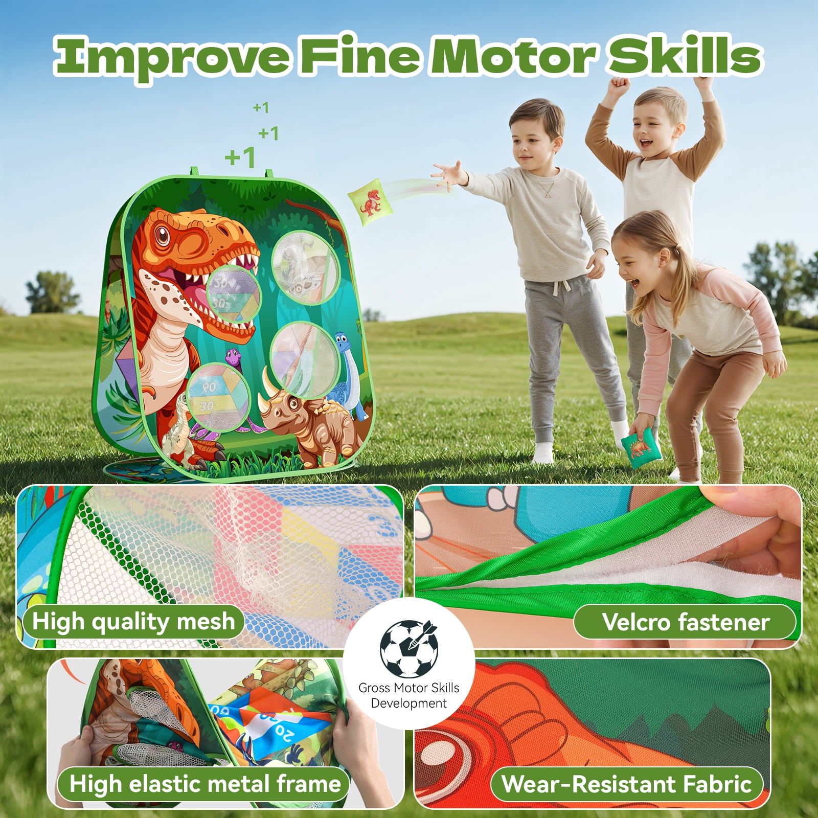 KNMDU 4-in-1 Cornhole Board Set with Bean Bag Toss, Soccer Goal, Safe Darts and Throwing Ball for Kids Ages 3-8