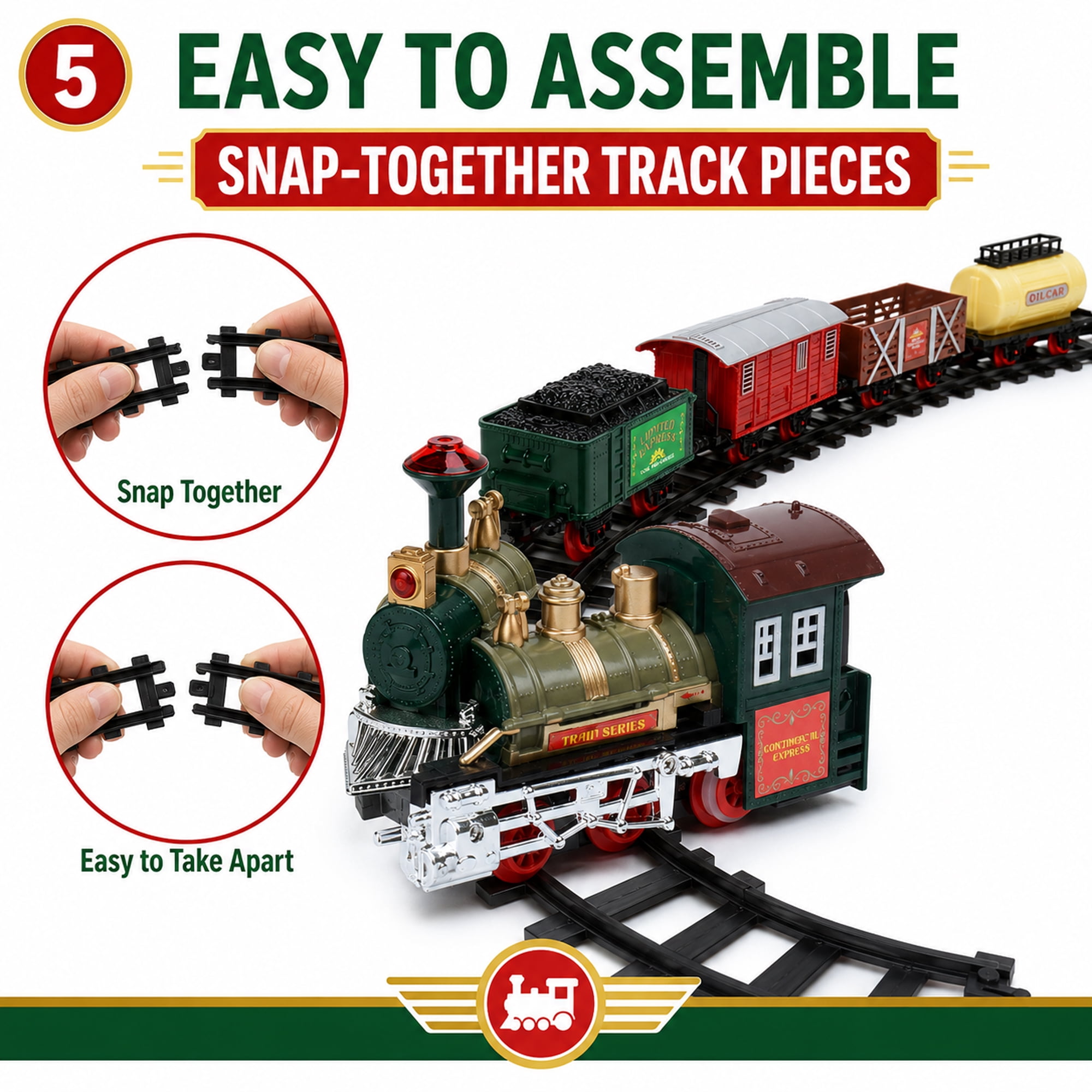 Battery Powered Toy Train Set for Kids Ages 3+, Lights & Sounds, 5 Train Cars, 53 x 30 in Track
