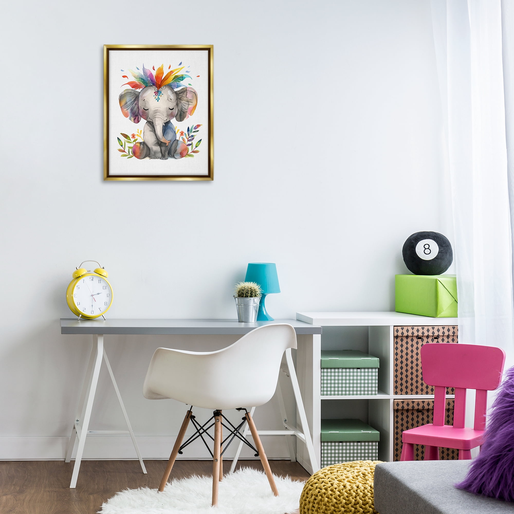 Stupell Industries Rainbow Blooms Elephant Animals Painting Gold Floater Framed Canvas Art Print Wall Art, 17 x 21