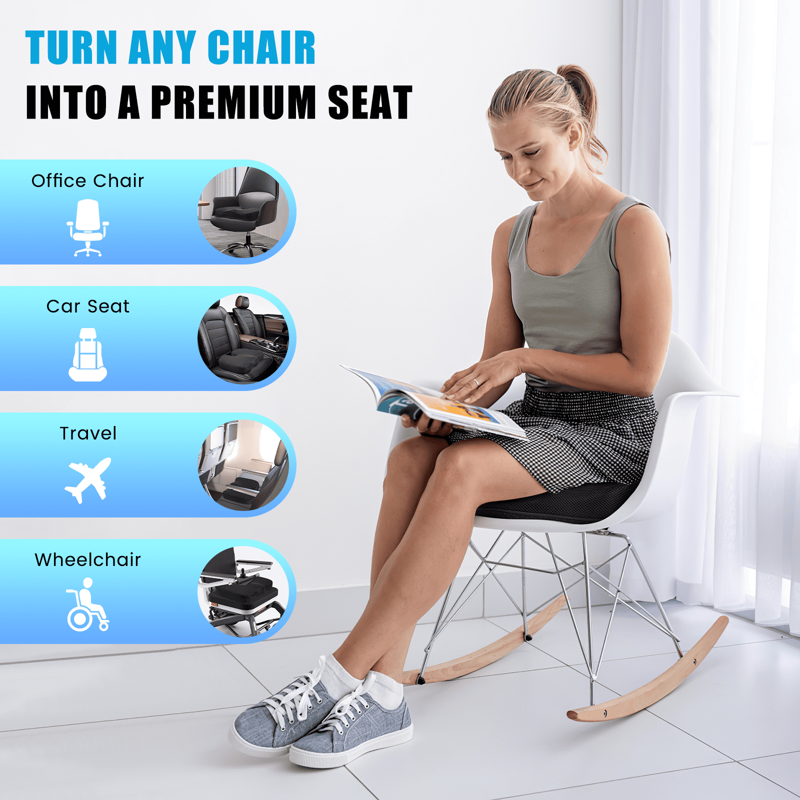 Cshidworld Gel Enhanced Seat Cushion for Office Chair Car Seat, Airplane - Gel & Memory Foam Coccyx Cushion for Tailbone Pain - Chair Car Seat Cushion Driving - Sciatica & Back Pain Relief (Black)