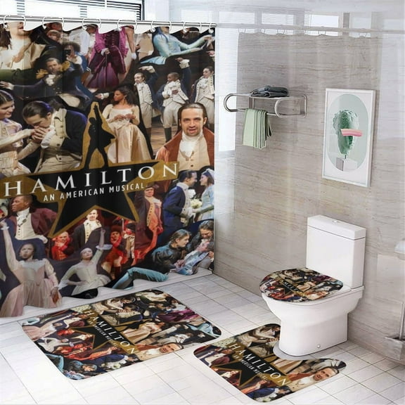 Hamilton The Musical Shower Curtain Set for Decor,Nons Slip Bathroom Rugs U Shaped Bath Mat Toilet Lid Cover 4 Piece Set with Hooks 72x72inch