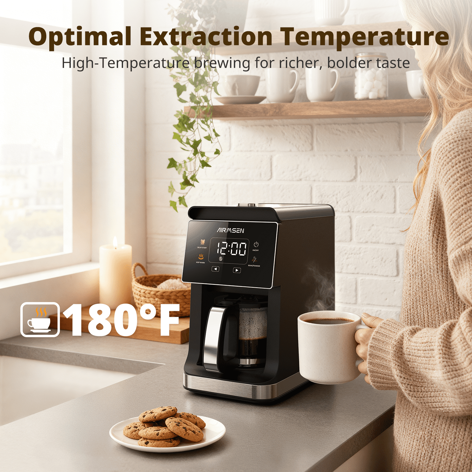AIRMSEN 2 in 1 Drip Coffee Maker with Grinder, Compact 5-Cup Programmable Coffee Machine, 3 Grind Settings, 24-Hour Delay Brew & Extended Keep Warm
