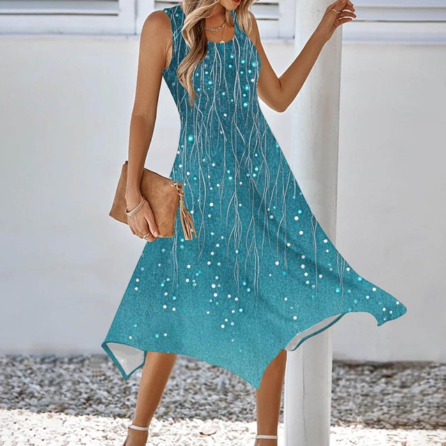 Ovzne Robes d'Été pour Femmes Robe Femme Mode Été Plage Imprimé Poches Débardeur Col Rond Sans Manches Débardeur Robes Robe Femmes Liquidation