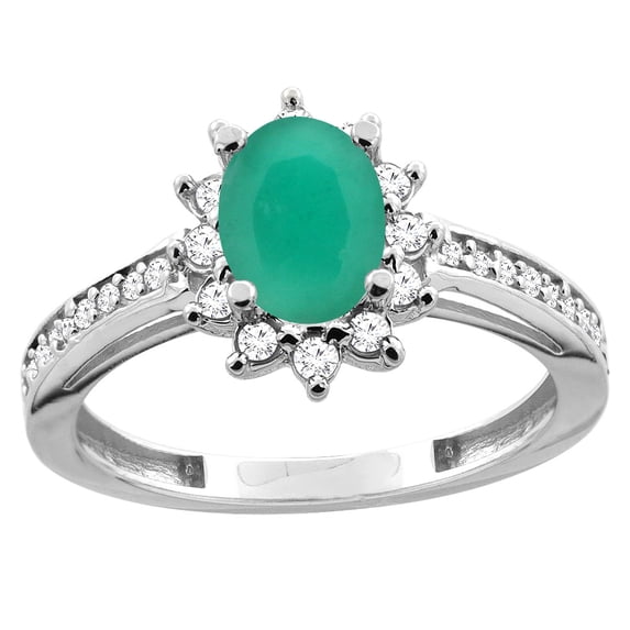 14K White Gold Diamond Natural HQ Emerald Floral Halo Engagement Ring Oval 7x5mm, size 5.5