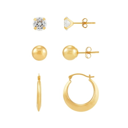 Brilliance Fine Jewelry Cubic Zirconia Studs,Ball Studs,Round Hoops Set in 10K Yellow Gold