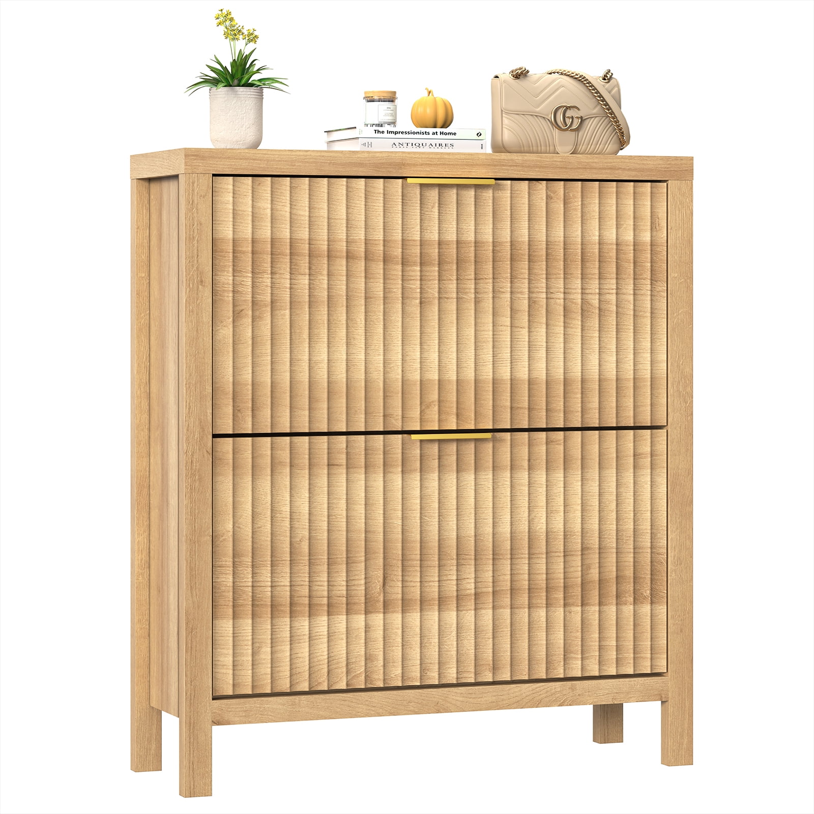 Shoe Cabinet Storage for Entryway, Fluted Shoe Cabinet with 2 Flip Drawers, Hidden Shoe Rack Tall Freestanding Shoe Organizer with Legs for Hallway, Wood