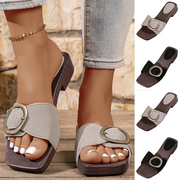 Miluxas Women's Slide Sandals with Gold Buckle, Women's Flat Slip-On, Square Toe, Casual and Elegant Sandals Black 9(42)