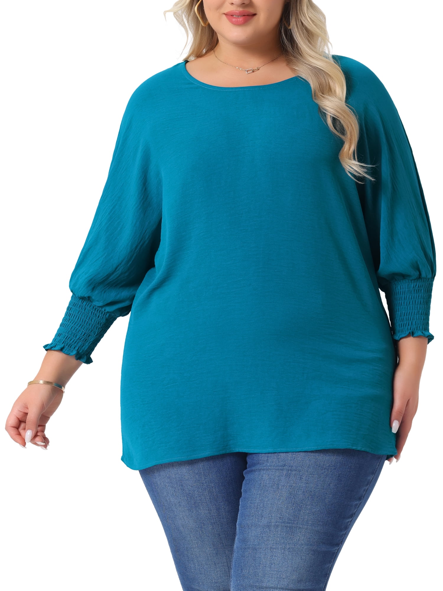 DARING DIVA Women's Plus Chiffon Batwing Ruffle Long Sleeve Casual Blouse 1X Lake Blue