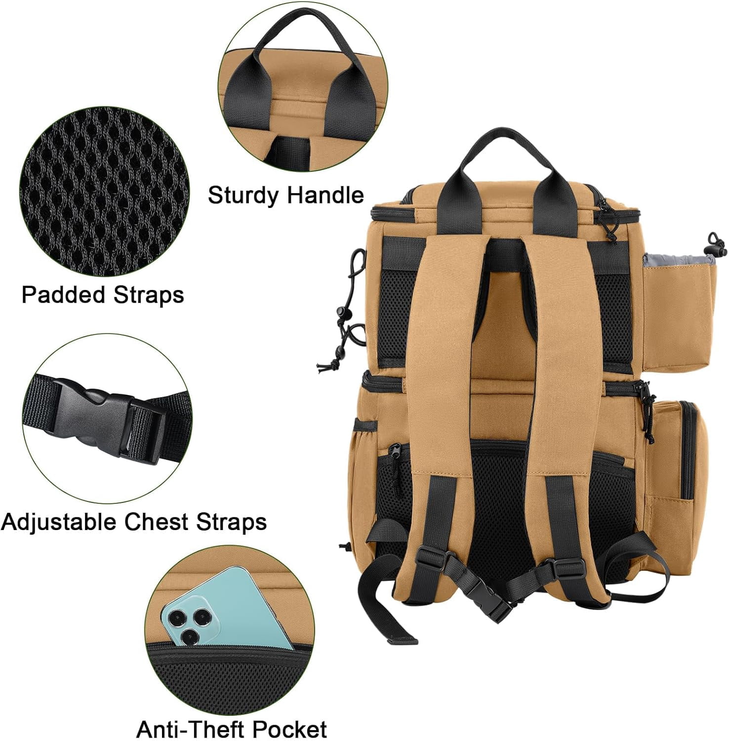 Matein Fishing Backpack Tackle Box – Water-Resistant Fishing Storage Bag with Rod Holder & Cooler, Gift for Men, Khaki