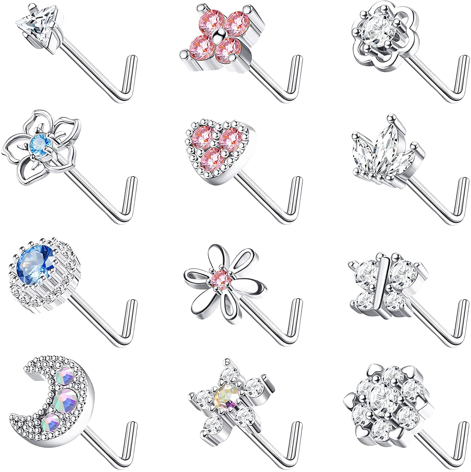 Jstyle 6Pcs 20G Stainless Steel Nose Ring Stud for Women Men L-Shaped Cubic Zirconia Butterfly Star Flower Nose Piercings Set 
