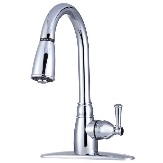 Dura Faucet Robinet DF-PK160-CP Utilisé pour Cuisine; Pièce Unique 8 Pouces Montage sur Plateau; Bec Rétractable 15 Pouces; Poignée à Levier Unique; Chromé/plastique; Application 1 Trou/3 Trous