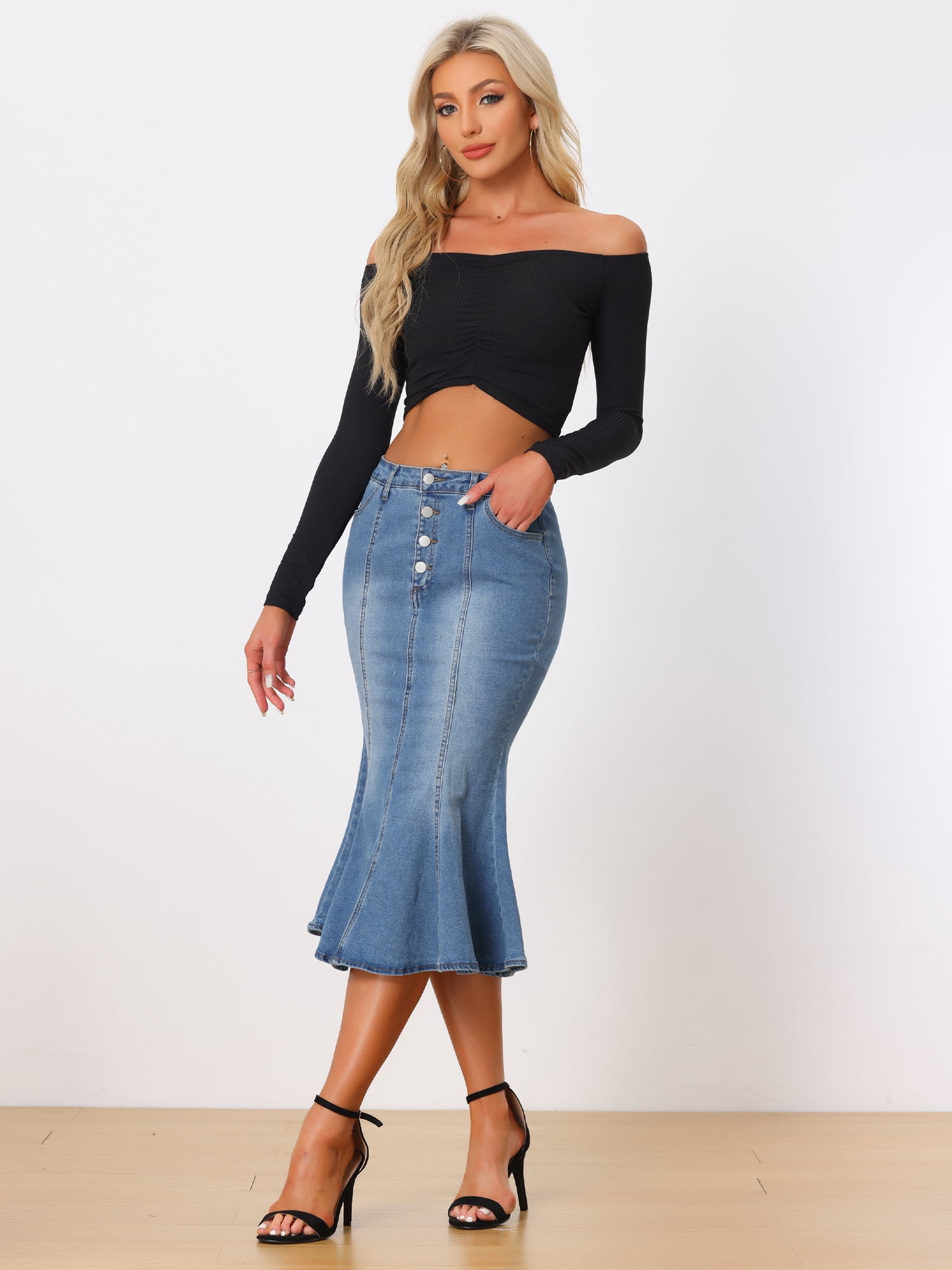 DARING DIVA Women's Soft Elegant Washed Fishtail Casual Midi Denim Skirt L Sky Blue