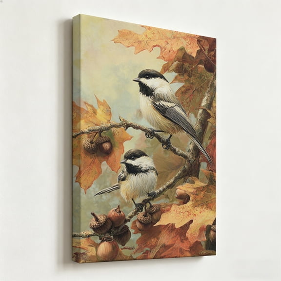 Rustic Nature Autumn Oak Leaves and Chickadee Birds Canvas Wall Art Vintage Forest Wall Decor for Living Room Bedroom Farmhouse Ready to Hang 8*12