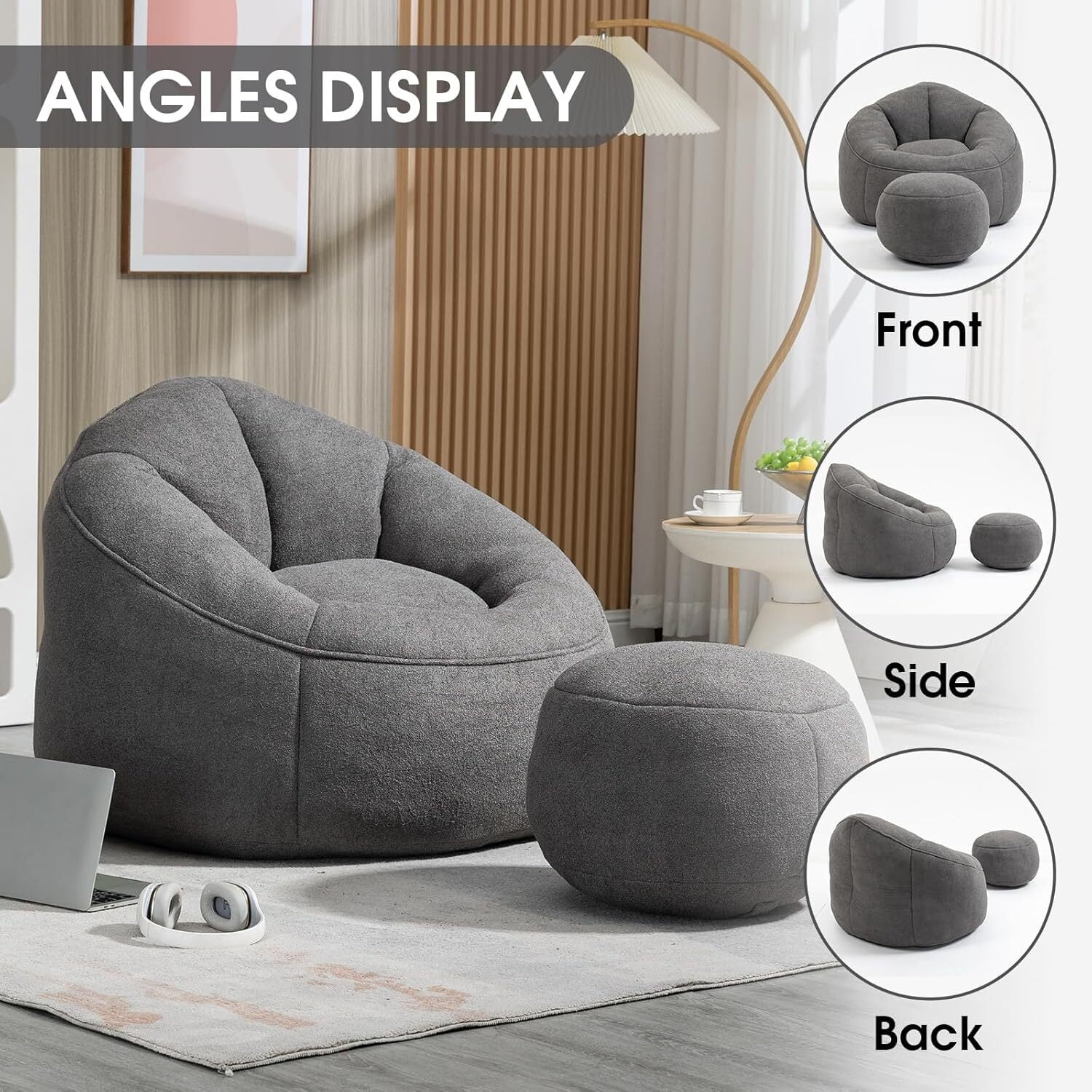AENKYO Bean Bag Chair Shell-Shaped with Footstool, Memory Foam Microfiber Sofa for Adults - Grey