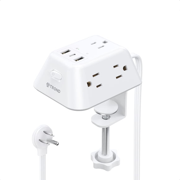TROND Desk Clamp Power Bar Surge Protector with USB C Ports, Power Strip Charging Station with 5 Outlets, 6ft Slim Flat Plug Extension Cord