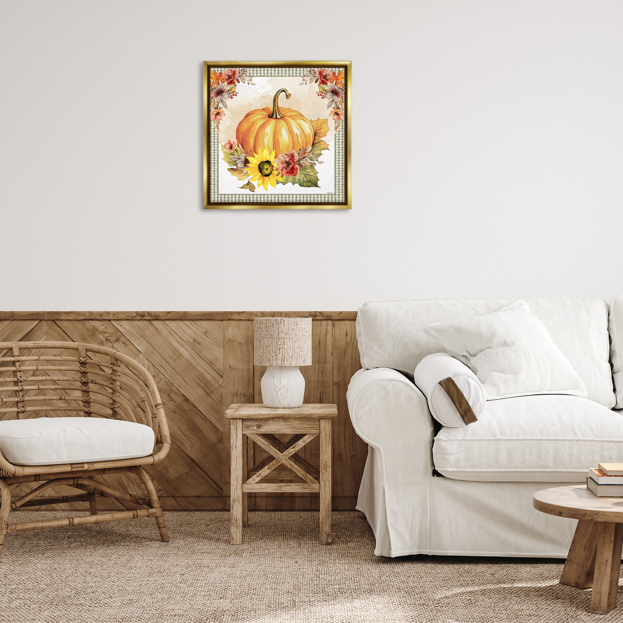Stupell Industries Pumpkin with Flower Accent Botanical & Floral Painting Gold Floater Framed Canvas Art Prints Wall Art, 25 x 25