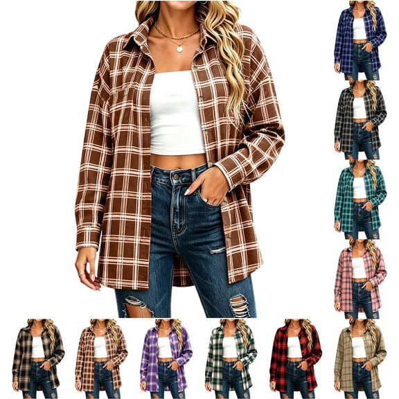 Axdhxbd Flannel Shirt for Women Long Sleeve Button Down Plaid Shirts Jackets Fashion Fall Winter Casual Shacket Flannels Jacket Brown XL