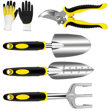 Garden Tools Set 5 Piece Floral Heavy Duty Gardening Tools with Pruning Shears / Hand Trowel / Transplanter / Hand Rake / Gardening Gloves, Delicate Garden Gift