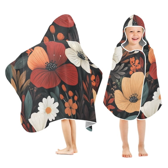 Yayeee Kids Hooded Towels Toddler Soft Absorbent Beach Bathing Wrap 50" x 23.5", Red Flowers Pattern