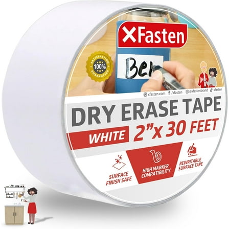 XFasten Dry Erase Tape, White, 2" x 30 Feet, Removable Whiteboard Tape