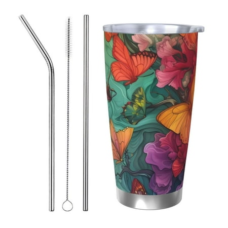 

Gaeub Butterfly Flower Cascade Print 20-Ounce Stainless Steel Car Cup Tumblers Cups with Lids and Straw Coffee Cups for Adults Kids Home Car Office School Travel Party-Straw Three-piece Set