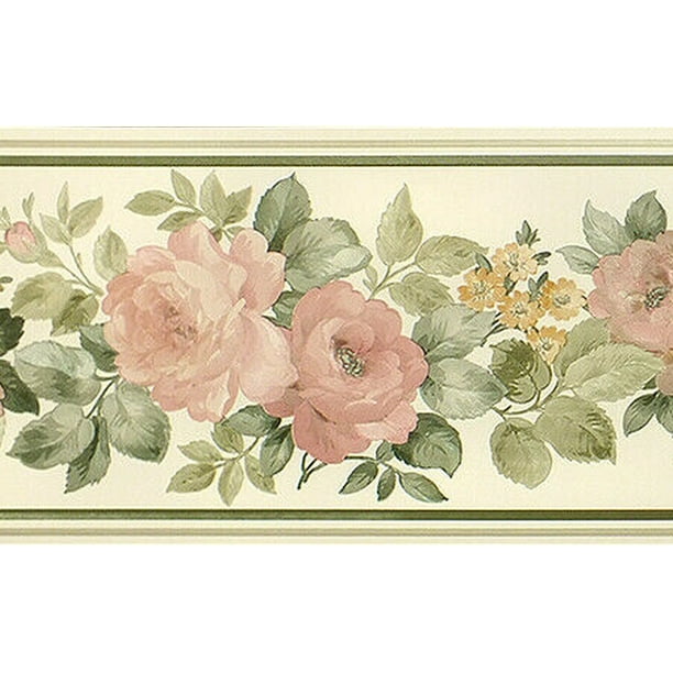 Prepasted Wallpaper Border - Floral Green, Orange, Beige Blooming Roses
