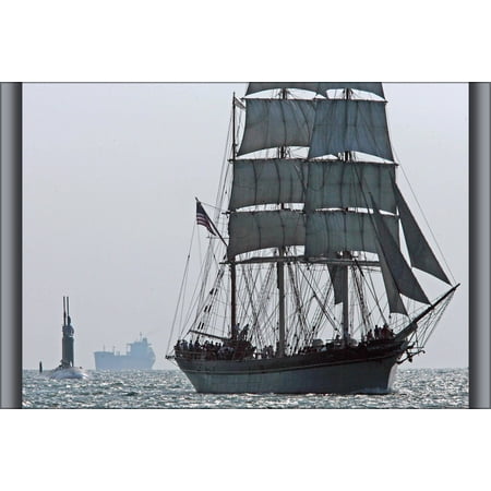 24"x36" Gallery Poster, tall ship ELISSA with submarine USS Texas (SSN 775) Port Galveston