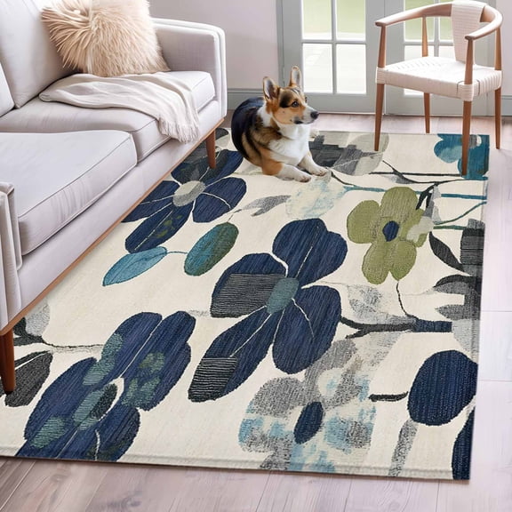 Navy Blue Green Floral Area Rug 3x5 Washable Rug Non Slip Vintage Botanical Leaves Large Area Rug Indoor Floor Carpet for Entryway Bedroom Kitchen Living Room Home Office Dining Room Nursery