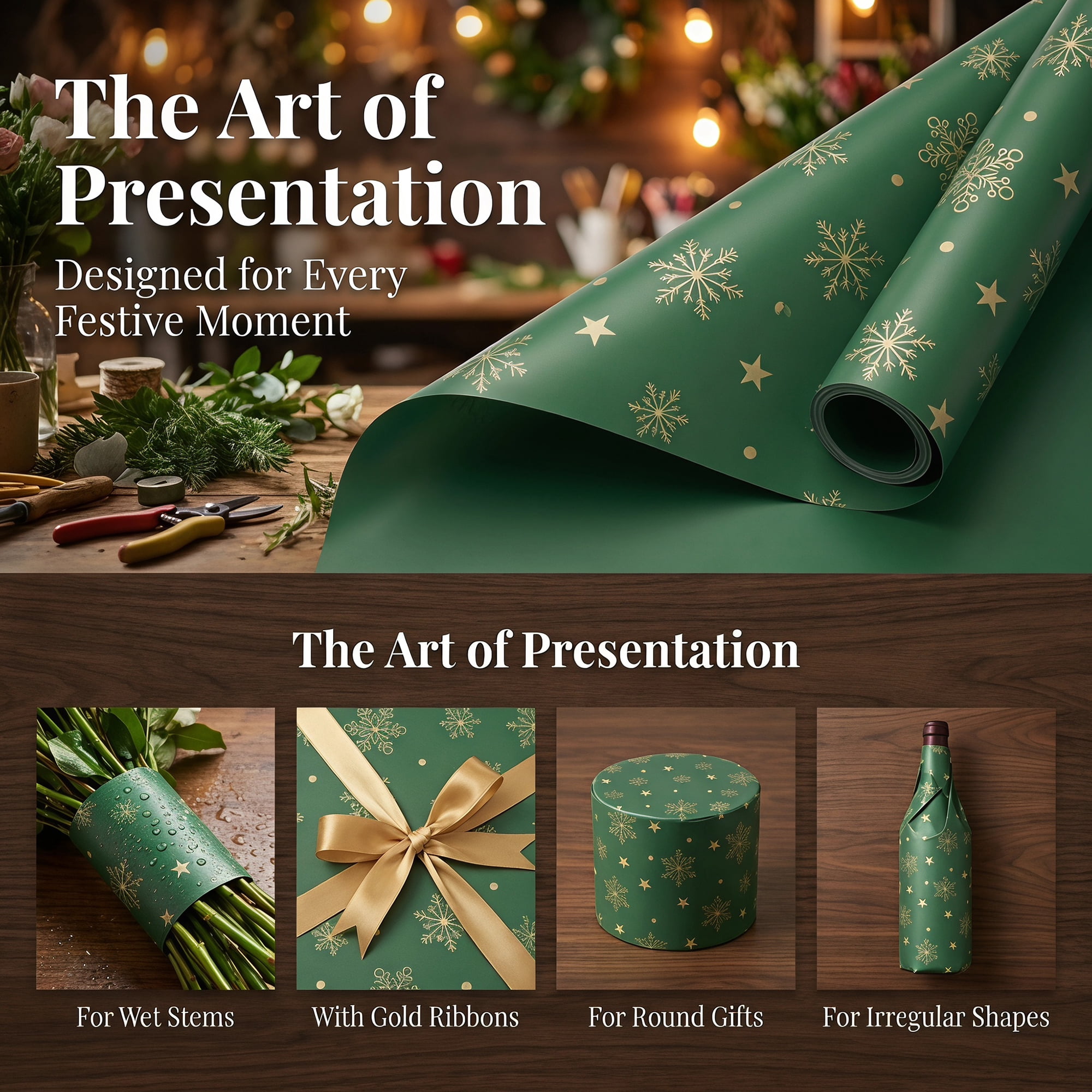 Unique Bargains Waterproof Matte Gift Wrap Paper for Bouquets Green Snowflake 22"x 22"