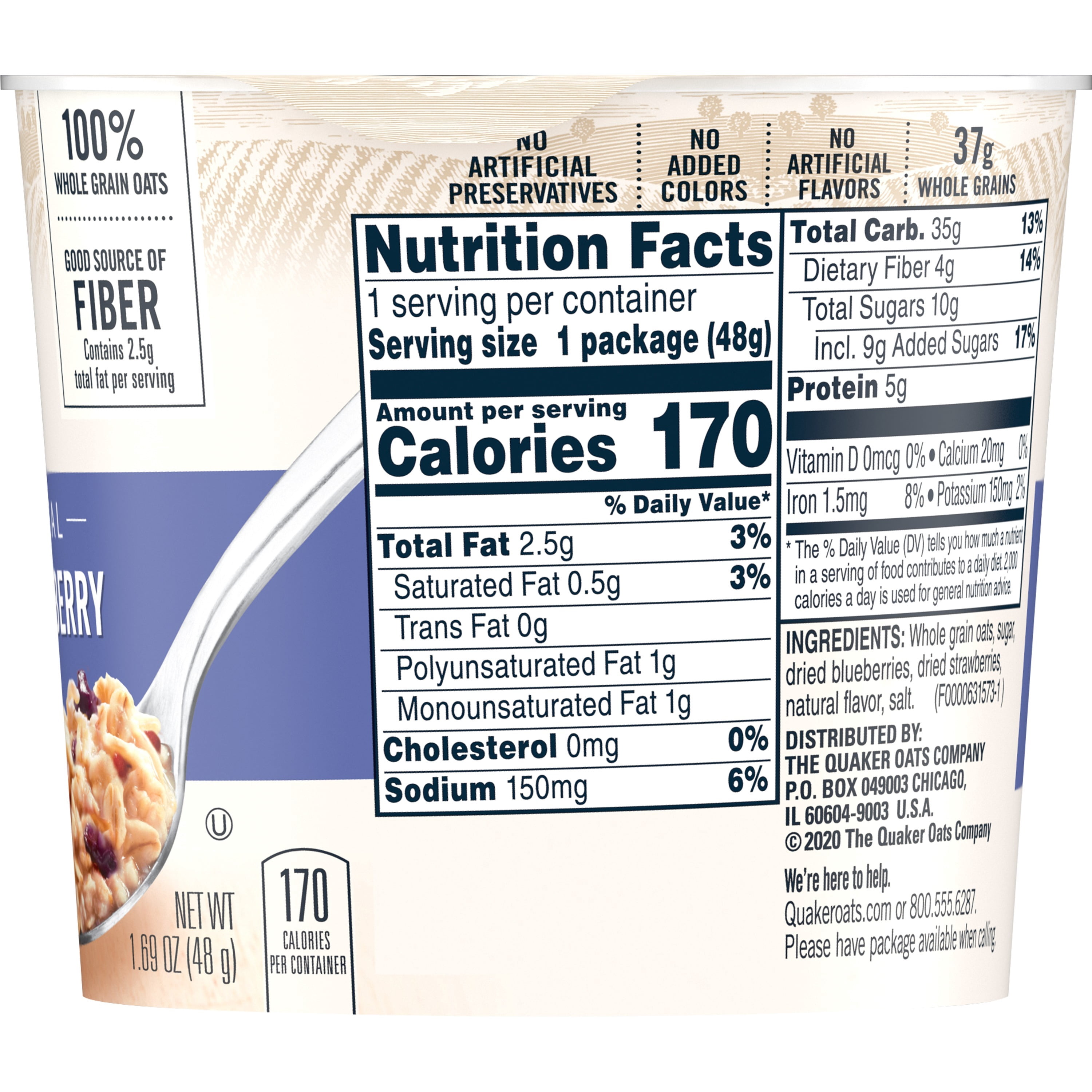 (12 pack) Quaker Blueberry & Strawberry flavored Instant Oatmeal, Quick Cook Oatmeal, 1.69 oz Cup