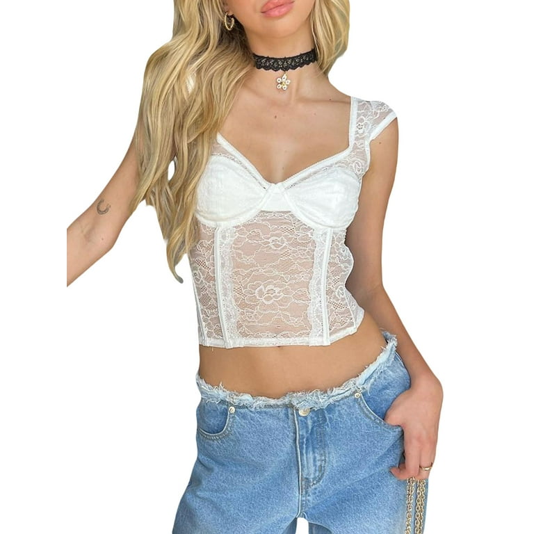 Women Lace Mesh Bustier Fish Boned Push Up Sheer Spaghetti Straps Going Out  Corset Crop Top Camisole with Underwire 