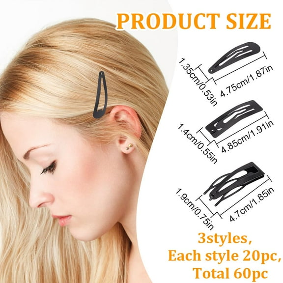 60 Pcs 3 Styles Snap Hair Clips Double Grip Hair Clips Metal Snap Clips Women Hair Barrettes Electrophoresis Black