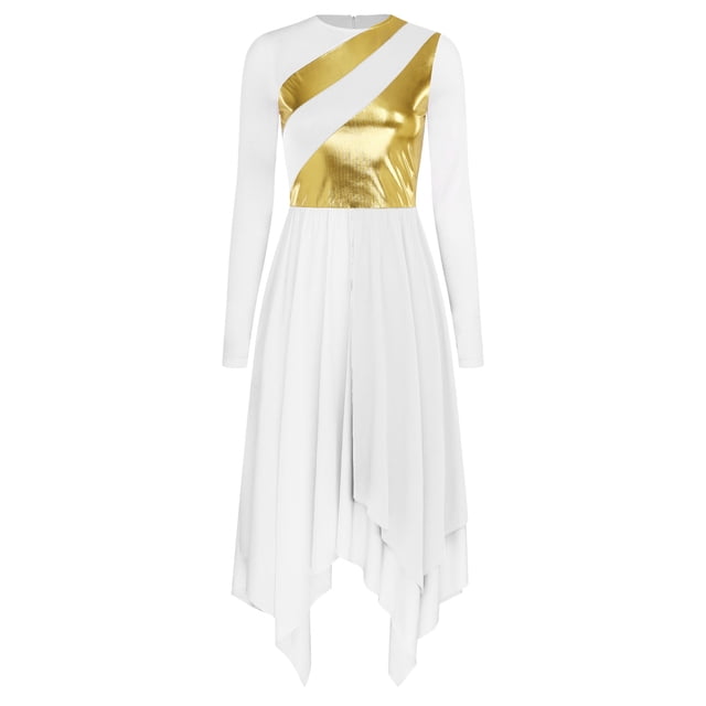 RUNQHUI Robe de Danse Or Métallique pour Femmes Robe d'Église Jupe de Culte Blanche TG