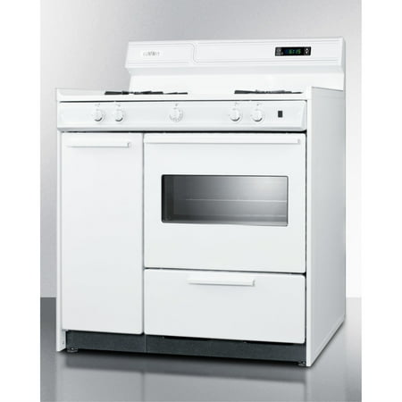 36" wide gas range in white with open burners, storage compartment, oven window, high backguard, and spark ignition