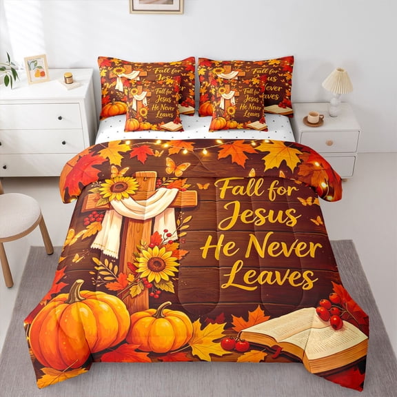 Erosebridal Fall Harvest 7-Piece Twin Bedding,Autumn Pumpkin Bedding Comforter Set,Coffee,Reversible