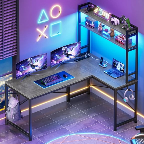 L Shaped Computer Desk, 45.3” Small Office Desk, Corner Compuer Desk with Hutch, LED Lights, Power Outlet, Storage Shelves and Hooks for Home Office, Grey