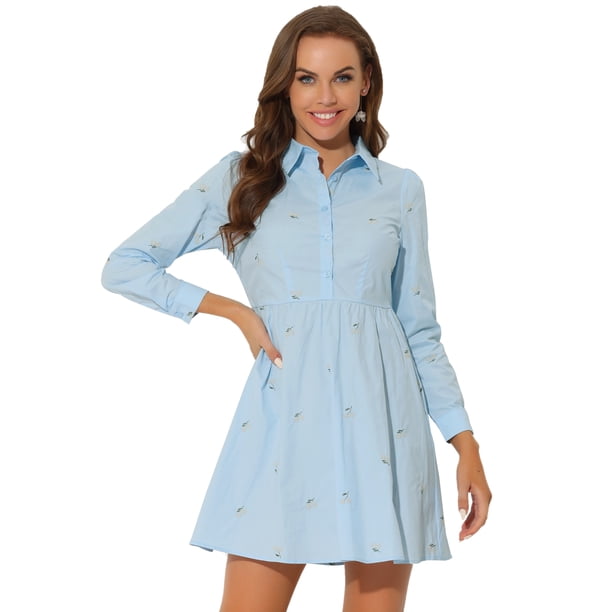 Vestido camisero de manga larga con botones y cuello vuelto floral bordado para mujer Azul S