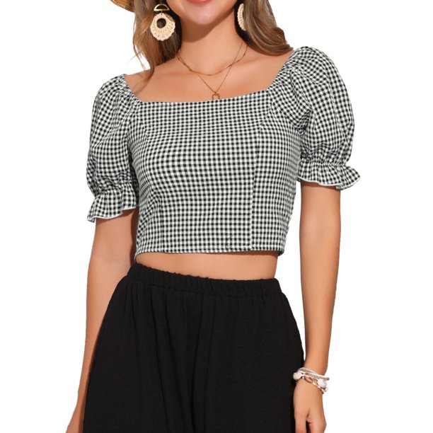 TOP CORTO CON ELASTICO INSPIRADO EN CHIC PARA MUJERES, CON MANGAS BOLLO, ESTILO CAMPESINO, EN CUADROS GINGHAM, TALLA XL, NEGRO Y BLANCO