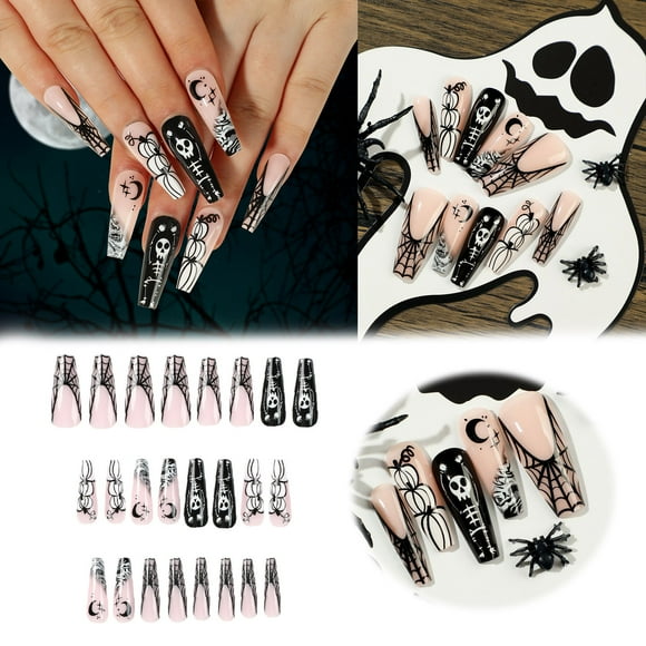 KBANNICAL Wearable Nail Paste White Pumpkin Star Moon Finished Nail Covers for Dogs on Nails Medium Length Coffin Nail Covers for Acrylic Nails Nail Stuff False Nails Short Coffin