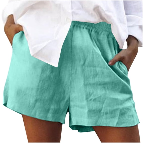 Cotton Linen Elastic Waist Summer Gym Running Workout Shorts Pockets for Women