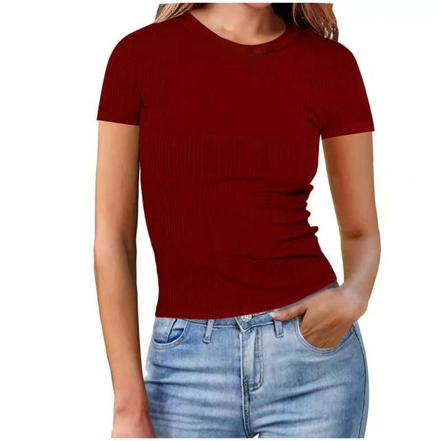 Womens Basic Short Sleeve Slim Fit T Shirts Soft Crewneck Crop Tees Summer Cute Gym Fashion Going Out Tops