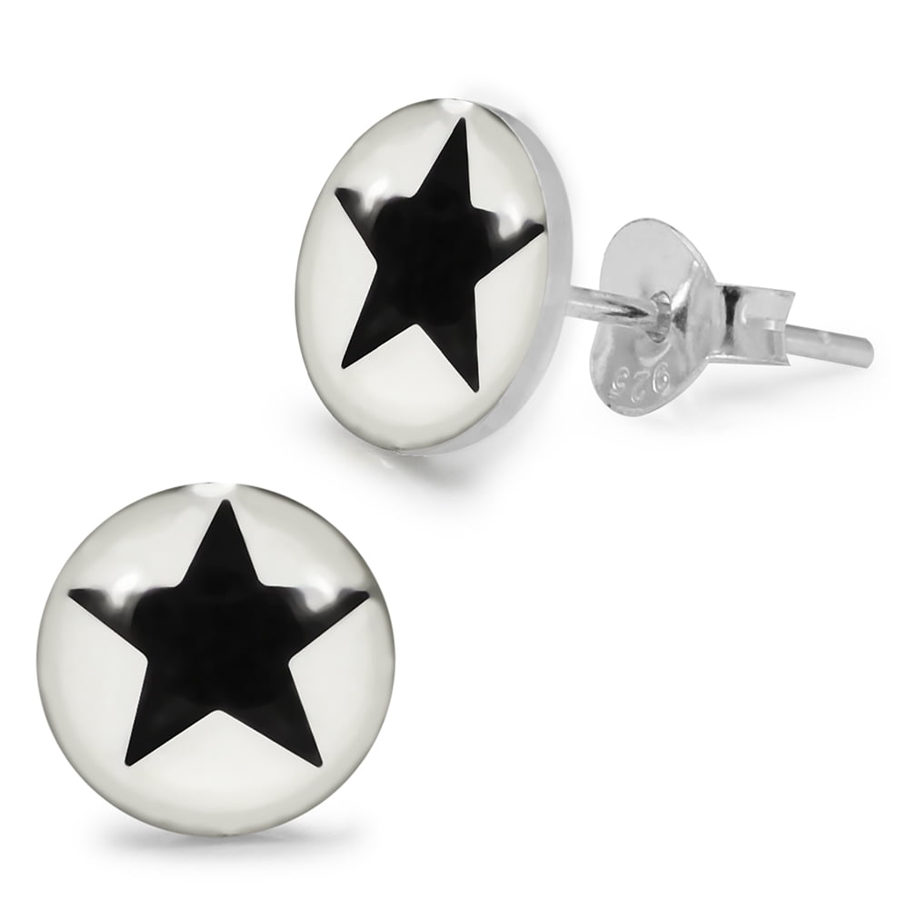 925 Sterling Silver Crescent Moon & Star on Black Onyx Disc Ear Stud Earrings