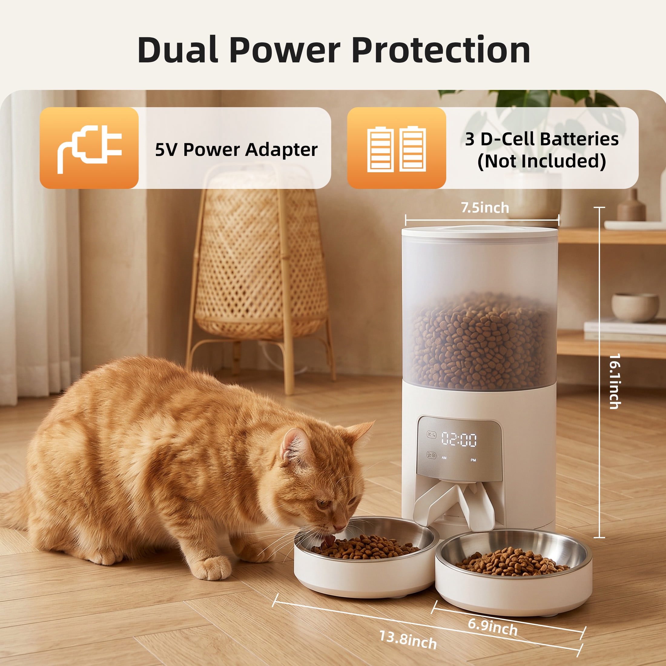 EDX 6L Automatic Cat Feeder for 2 Cats,&nbsp;Timed Cat Food Dispenser with 2 Stainless Steel Bowls, 10s Voice Recorder & Dual Power, Pet Feeder for Cats & Dogs, White