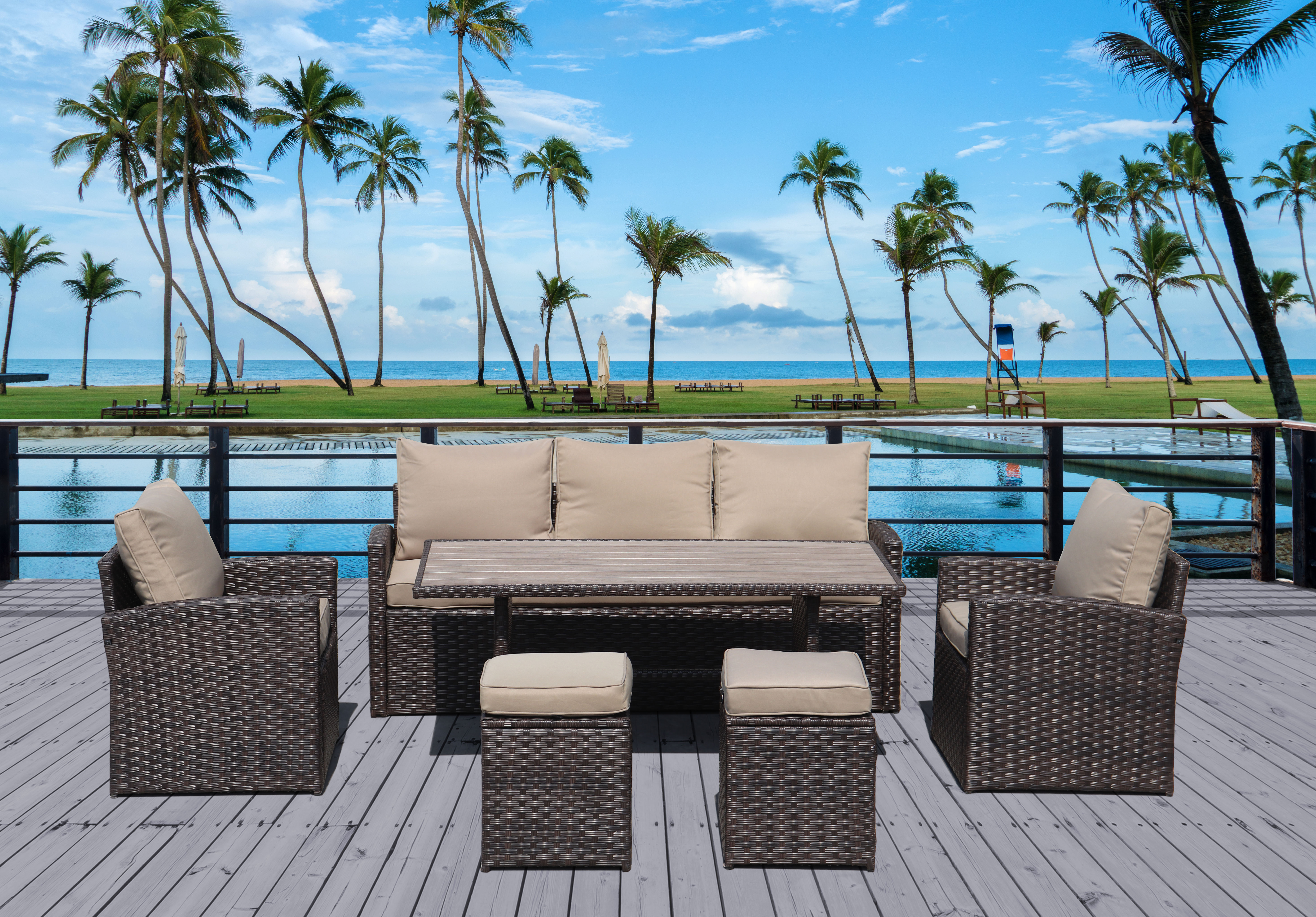 Outdoor Conversation Sofa Set, 6 Piece Patio Sectional Dining Table Chair with Ottomans & Cushions, PE Rattan Wicker Cushioned Couch Set for Pool Lawn Patio Backyard, Sectional Furniture Set - image 2 of 9