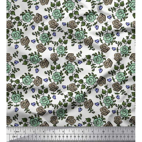 Soimoi Crepe Silk Fabric Leaves & Floral Block Print Fabric by The Yard 42 Inch Wide