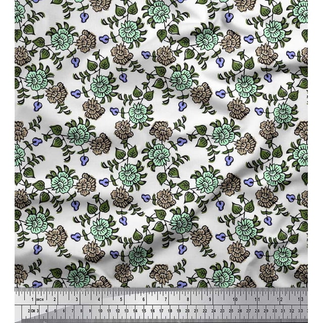Soimoi Polyester Crepe Fabric Leaves & Floral Block Print Fabric by Yard 52 Inch Wide