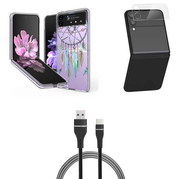 Bemz Premium Bundle for Samsung Galaxy Z Flip 3 5G: Slim Snap-On Protector Case (Teal Mint Dreamcatcher), Rear Camera Glass Protector, Nylon Braided USB-C to USB-A Cable (3 Feet)