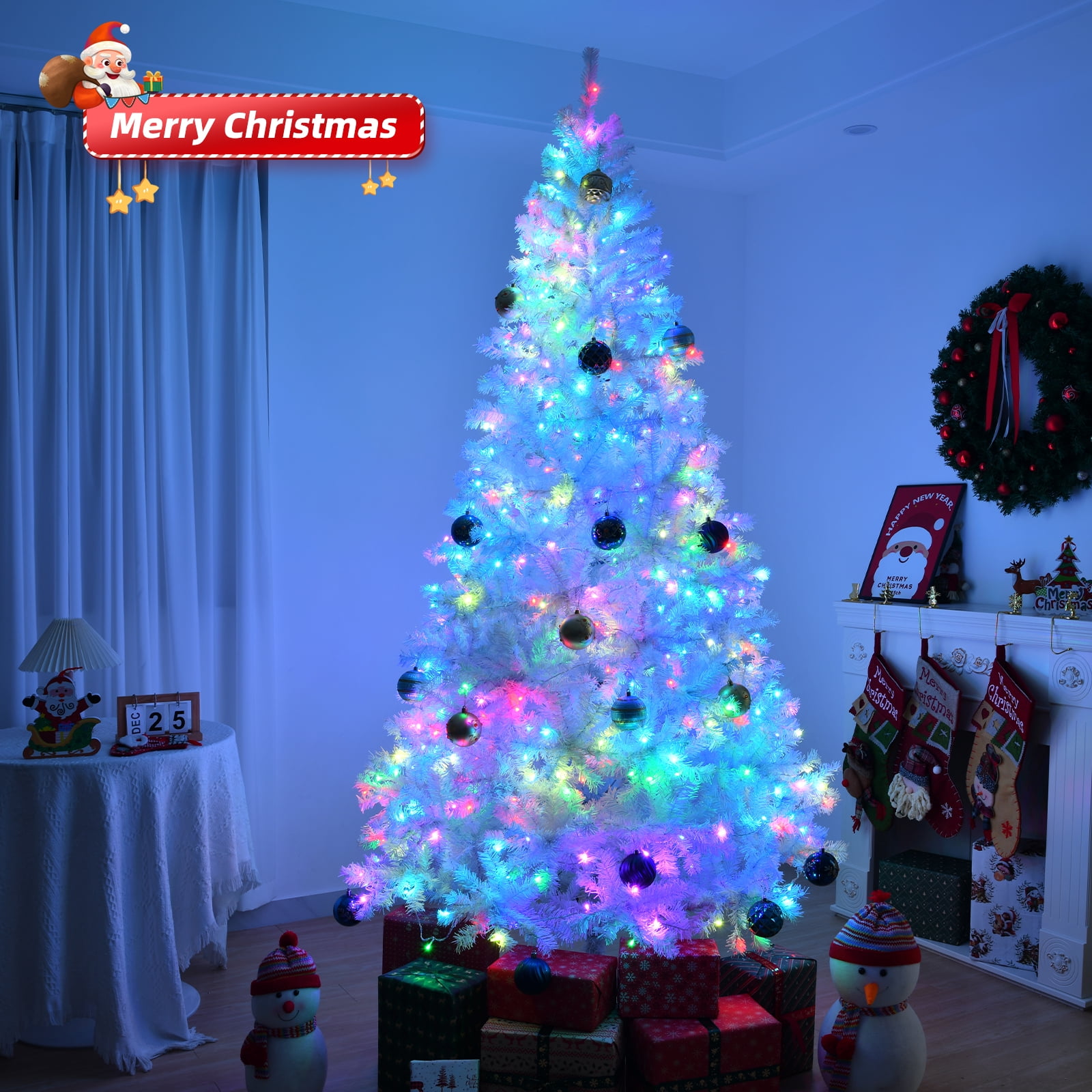 Astoutdoor 8 ft Pre-lit Artificial Christmas Tree with 500 RGB Lights, 1500 Branch Tips, White