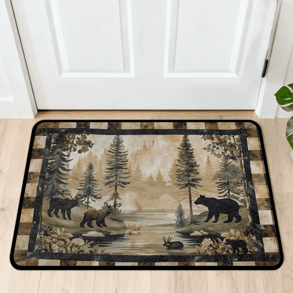 CURLYOOT Bear Rustic in Forest Indoor Doormat, Non-Slip Absorbent Door Mat 24" x 16", Entrance Floor Mat Washable Entry Doormats for Entryway Front Back Door