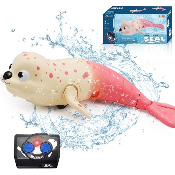 TRAHOO-Pool Toys Remote Control Seal Amphibious RC Toys 2.4Ghz Rechargeable Battery Robot Fish Hands Paddle Remote Control Shark Bath Toys Crawling Toys for Kids Pink